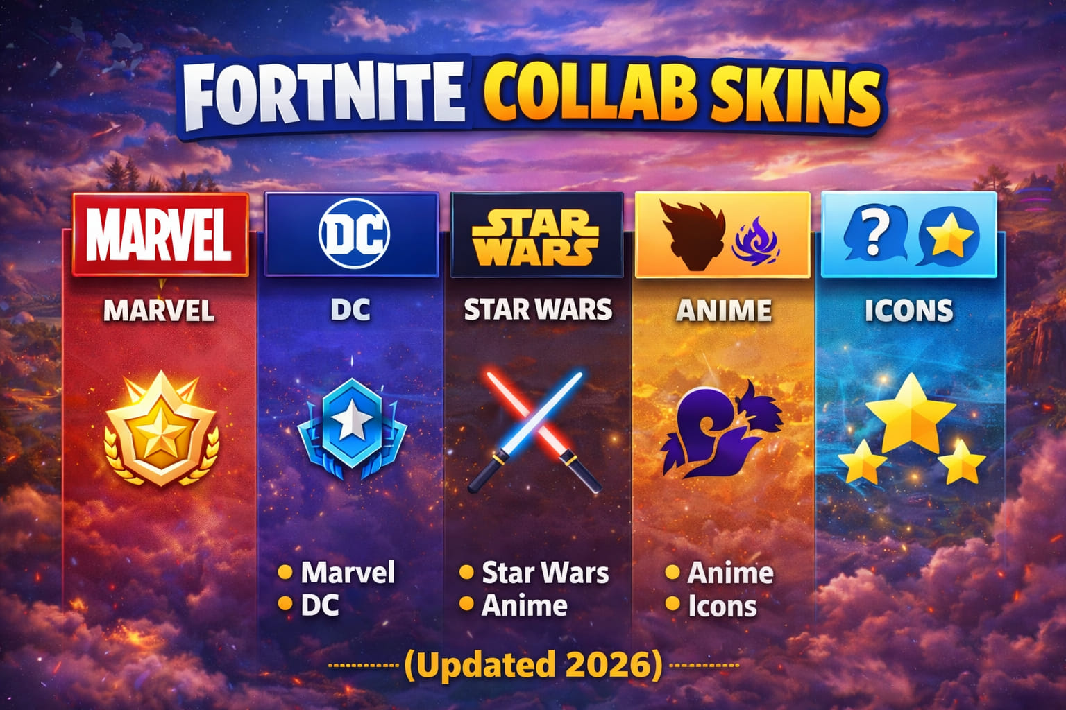Fortnite collab skins Marvel DC anime icons