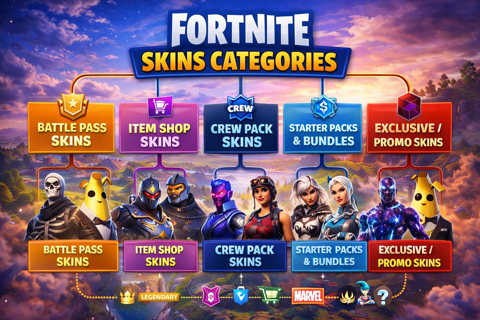 Fortnite skins categories battle pass item shop crew bundles