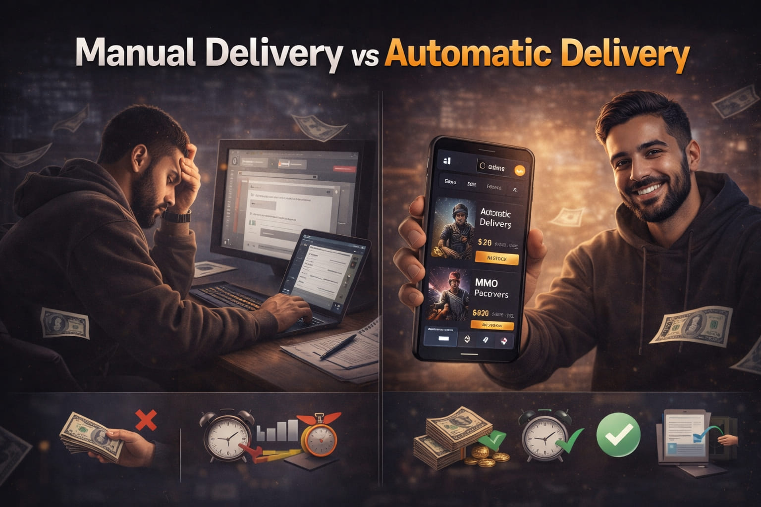 مقارنة بين التسليم اليدوي والتسليم التلقائي للمنتجات الرقمية